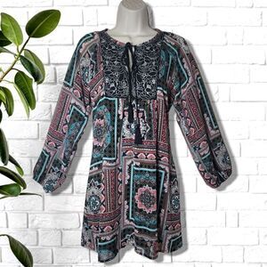 Bailey Blue Boho Patterned Tunic Dress with Tie Tassels